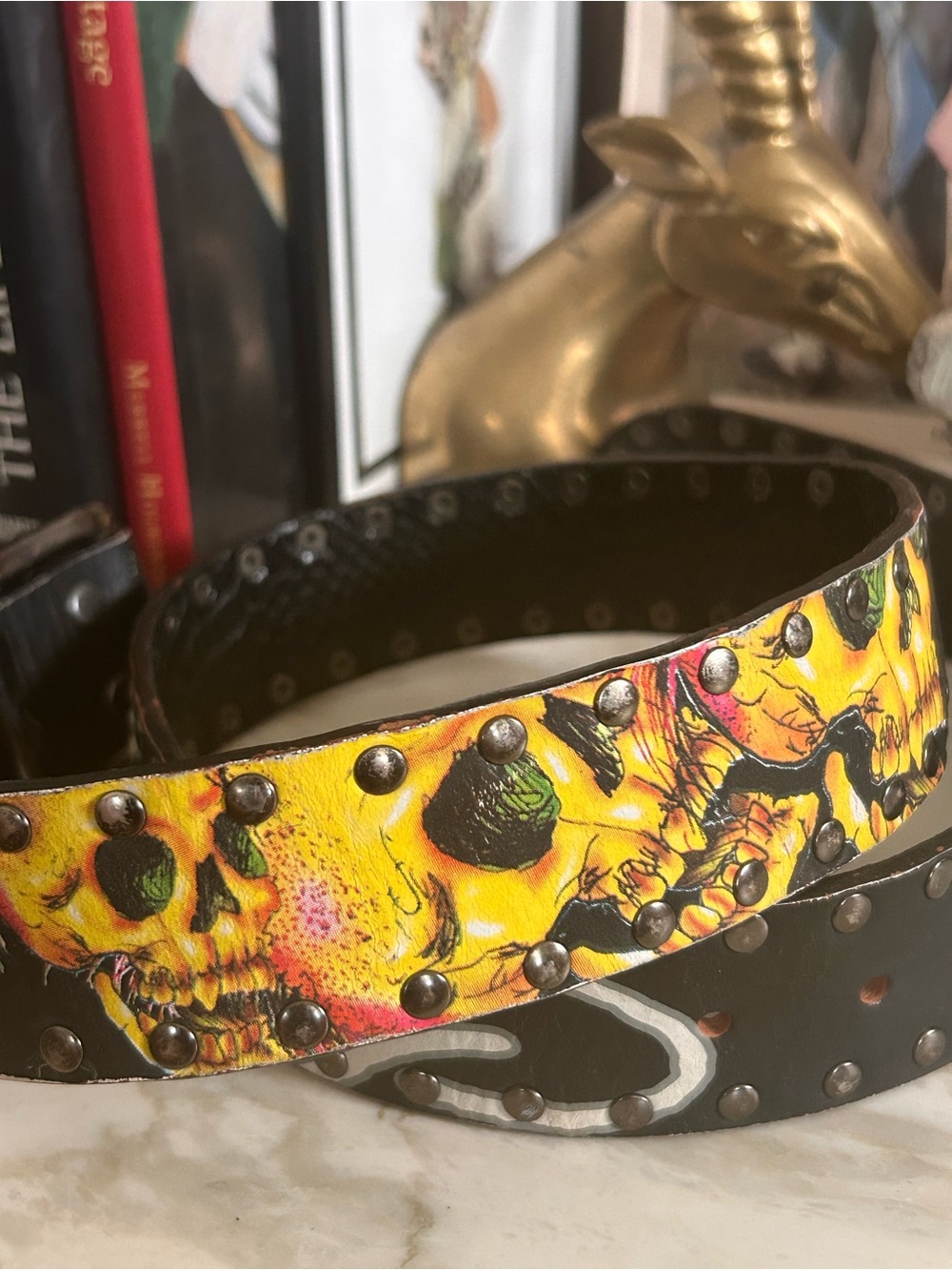 Ed Hardy Black Studded Leather Belt with Yellow Skulls